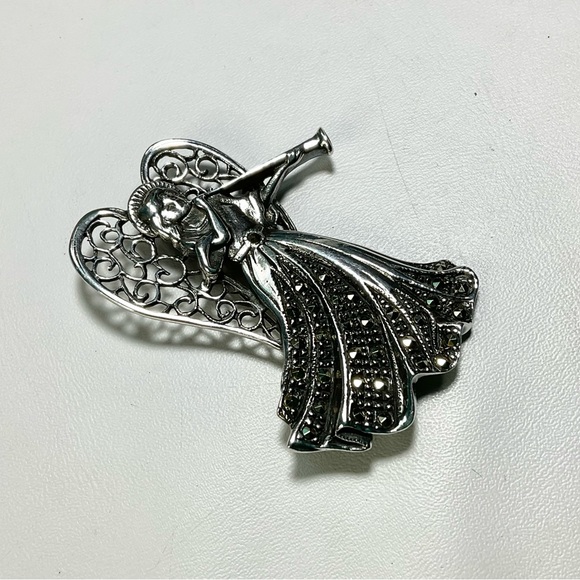 Sterling Silver Marcasite Angel Brooch Vintage Christmas Solid - Picture 2 of 6